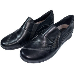 Earth Anise Shoe Womens 9.5D‎ Black Pleated Leather Zip Up Loafer Comfort Flat